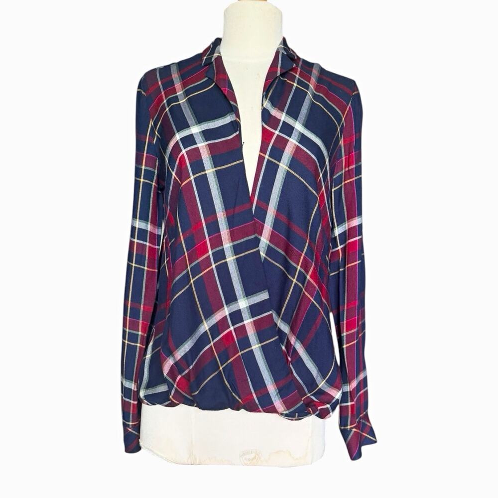 1.STATE Plaid Crossover Blouse Navy Burgundy Cream Draped Women’s XS